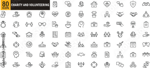 Charity and volunteering icon set. Donation, community support, humanitarian aid, helping hands, fundraising and kindness.

