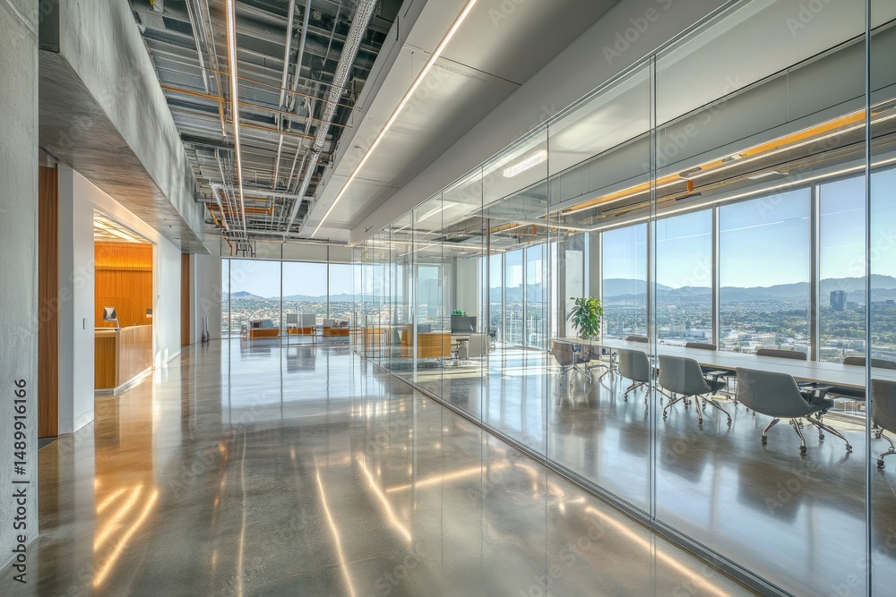 Obraz premium Modern office space, glass walls, city views