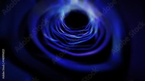 Abstract animation of flying through a dark blue light ring tunnel. Concentric glowing circles with subtle texture