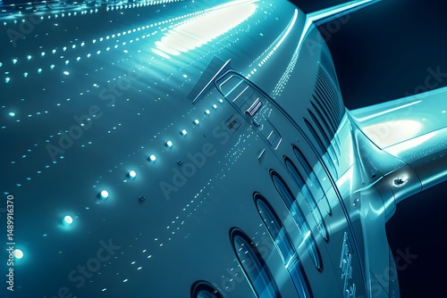 Futuristic Aircraft Design: Exploring the Aerodynamic Exterior with Illuminated Features and Sleek, Modern Aesthetics.  Advanced Aviation Technology Showcases Innovative Engineering.