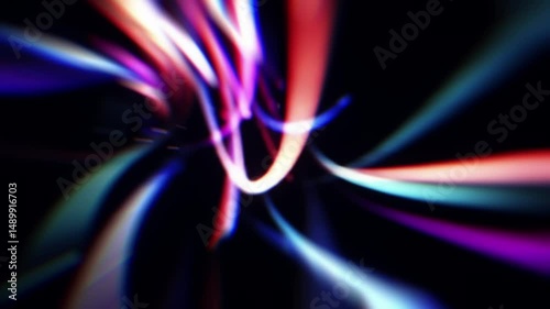 Abstract animation of swirling multicolor light ribbons. Pink, blue, green, and red lines intertwine on black background