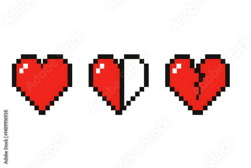 Pixel Heart Icon Set – Full, Half, Broken on white