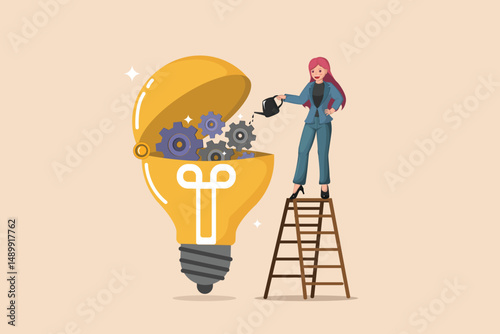 Cultivating Business Growth Through Innovation: A Woman Nurturing Gears Inside an Open Lightbulb, Symbolizing Idea Development.