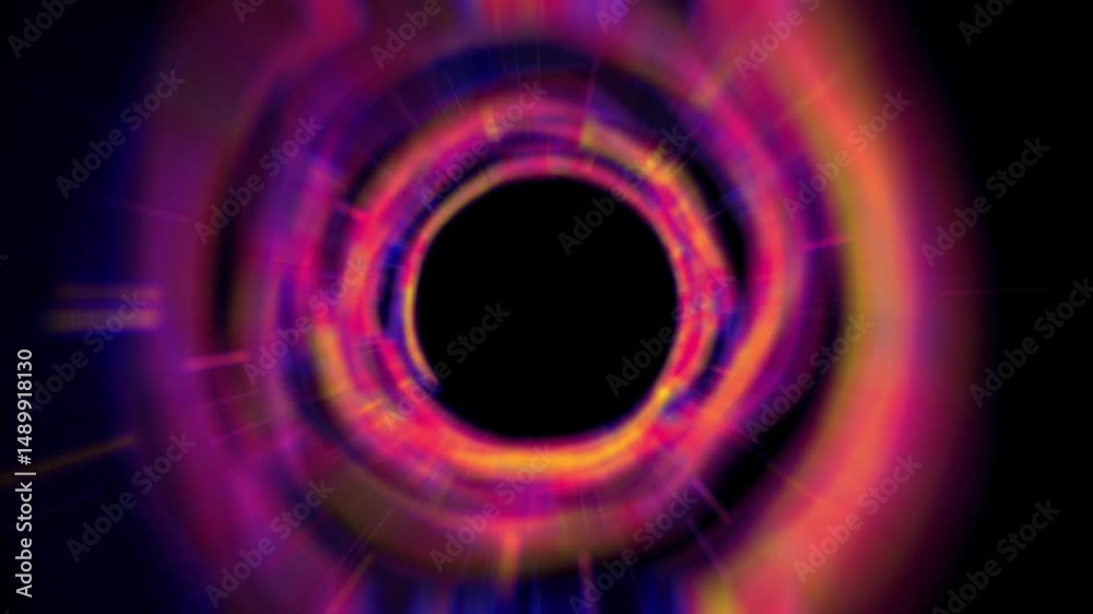 Abstract animation of a tunnel made of swirling light rings in pink, yellow, blue hues. Dynamic, energetic motion on black