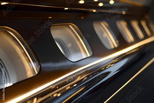 Luxury Private Jet Interior: Sleek Design with Illuminating Windows, Enhancing the Premium Travel Experience, Offering Unparalleled Comfort and Sophistication for Exclusive Journeys.