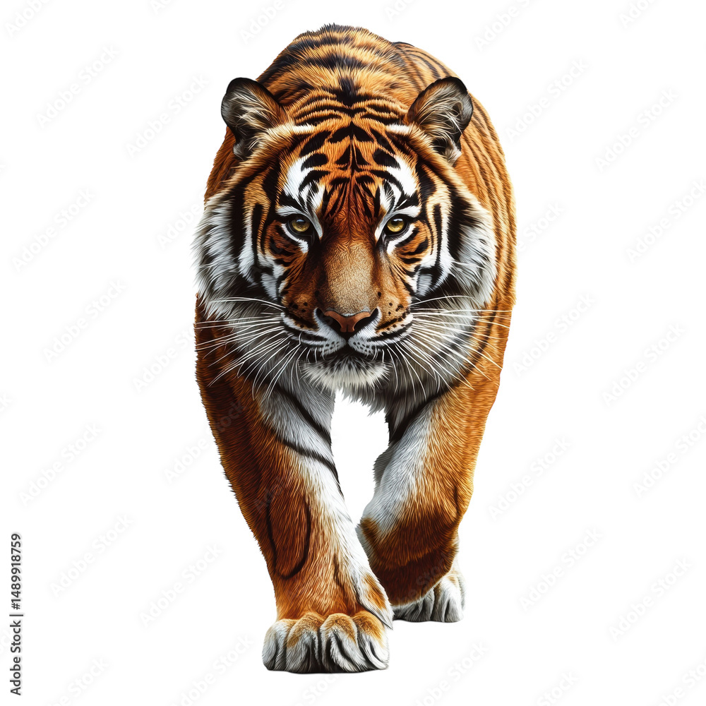 Obraz premium Majestic Tiger Walking Wild Cat Portrait Powerful Predator Orange Stripes Jungle King Feline Beauty