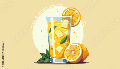 Glass of lemonade with ice and lemons for summer refreshment, with copy space