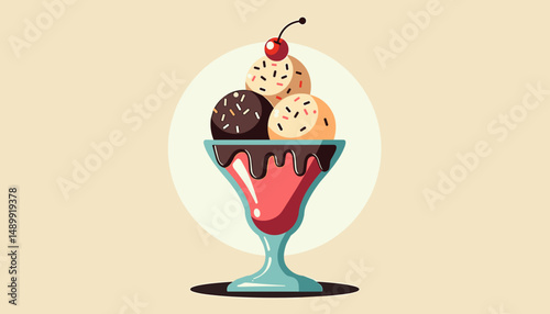Ice cream sundae in retro style, for dessert blogs, with copy space