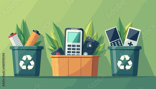 Recycling bins filled with e-waste, the concept of environmental awareness