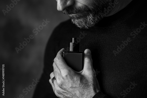 Man with beard holding perfume bottle near face on dark background. Masculine grooming scent concept for fragrance and style advertising.