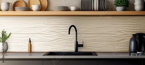 Modern kitchen with a beige, textured backsplash and black fixtures