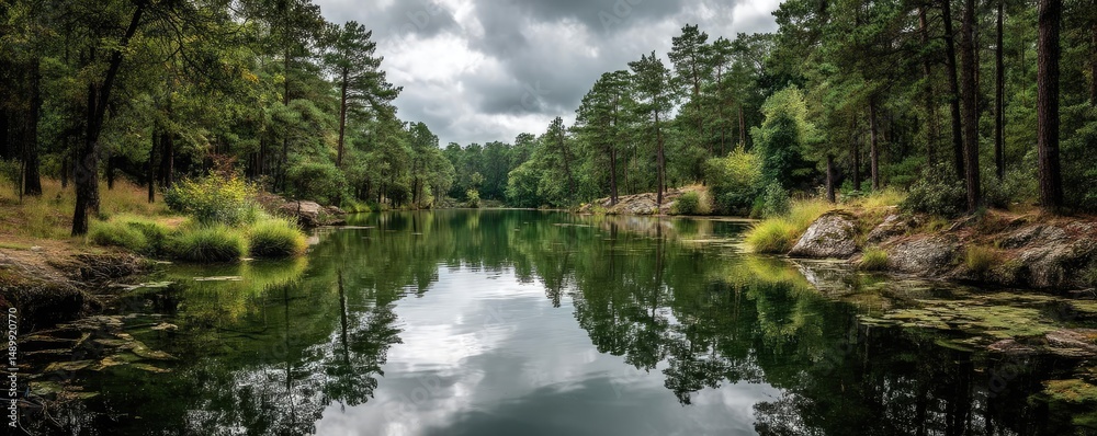 Fototapeta premium Scenic view of lake in pine forest with mountain and park concept. Serene lake reflecting trees under a moody sky.