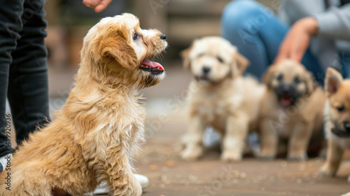 Adorable Group of Fluffy Puppies Playing Outdoors with People on a Sunny Day