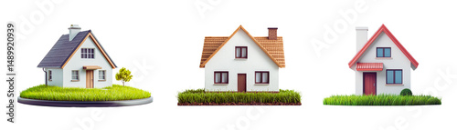 Wallpaper Mural Three different houses are displayed in a row, each with its unique design and charm. The first house features a dark roof and small, well-manicured lawns, and a small tree in front. Torontodigital.ca