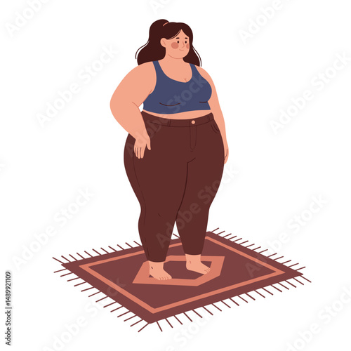 A curvy woman stands on a decorative carpet