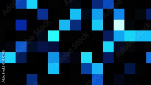 Abstract animation of blue pixelated squares or mosaic pattern. Dynamic digital grid with various shades of blue on black