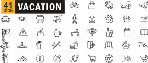 Vacation editable outline icon set. Travel, transport, leisure, adventure, tourism, relaxation and more.