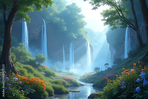A beautiful cascade of water falls over rocks in a green forest national park landscape