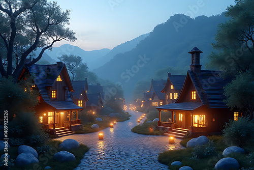 Old cottage building in the mountain village at night with a winter sky