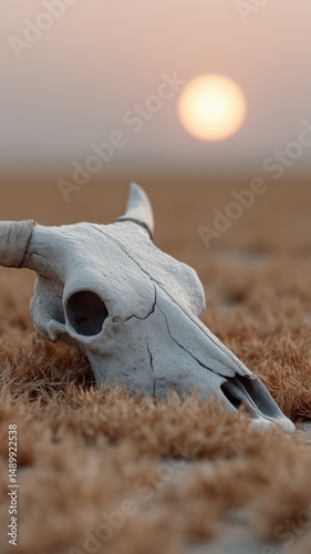 Weathered animal skull on arid landscape at sunset capturing tranquil desert beauty
