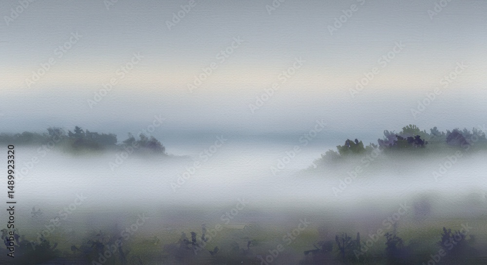 Fototapeta premium Misty Morning Landscape Serene Fog Rolling Through Fields and Trees