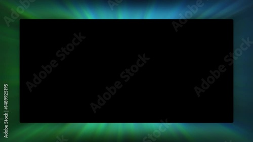 Abstract animation of a black rectangular frame with blue and green light rays. Soft, ethereal glow emanating from behind the frame