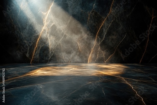 Dark, dramatic marble stage with golden light beams
