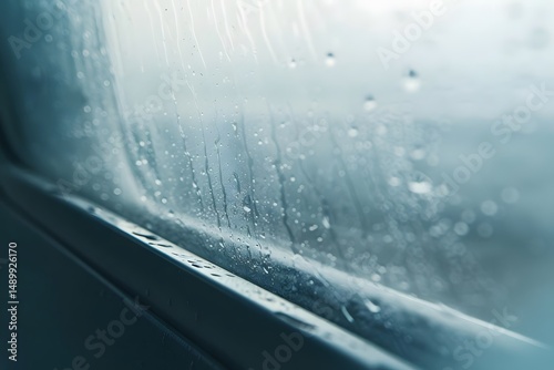 Rain Drops on Glass: Water Beads and Streaks Create Abstract Art, Evoking Atmospheric Mood and Contemplative Scenes.  A Serene Window View Offers a Moment of Tranquility and Reflection.