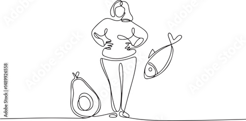Continuous one line drawing of a confident plus size person with hands on hips and healthy fat symbols like avocado, nuts, and fish

