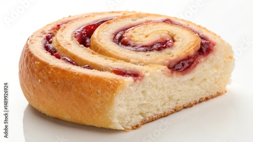 Freshly baked cinnamon roll with a swirl of jam, cut to reveal its soft texture.