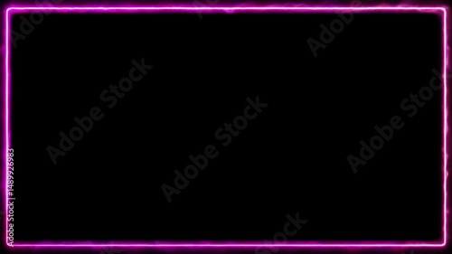 Abstract animation of a glowing pink or magenta neon rectangular frame. Smoky light effect on a black background