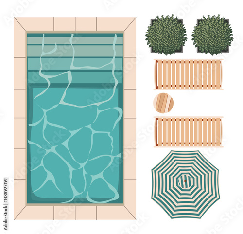 Top view of furniture icons for interior and landscape design plan. Sunbed, umbrella, table, plants, terrace, pool, patio, garden, porch zone. Vector illustrations isolated on transparent background.