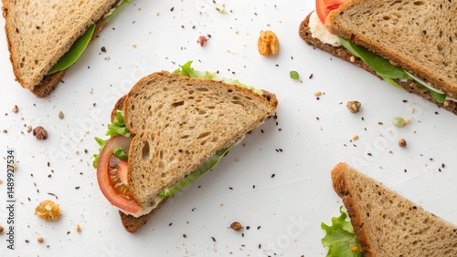 Fresh sandwiches with whole grain bread and vegetables arranged on a clean surface.