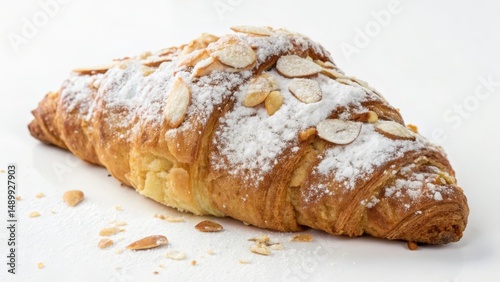 Freshly baked croissant dusted with powdered sugar and topped with sliced almonds.