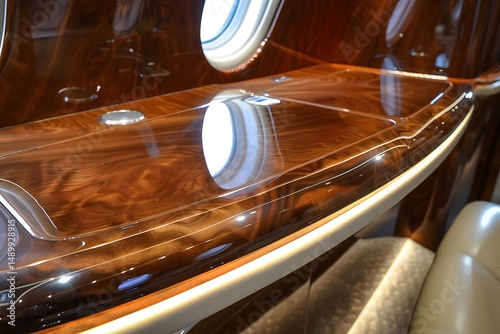 Luxury Private Jet Interior: Polished Wood Table Design with Subdued Lighting and Elegant Cream Leather Accents, Showcasing Exquisite Craftsmanship and High-End Travel Experience.