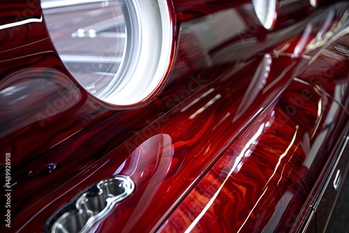 Deep Red Wood Paneling:  Luxury Vehicle Interior Details Showcasing Polished, Rich Wood Grain with Sleek Accents and High-Gloss Finish, Revealing Exquisite Craftsmanship in Automotive Design.