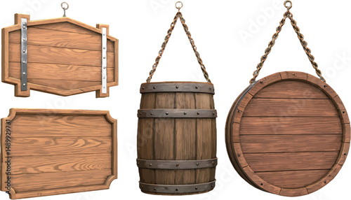 Collection of wooden signs and barrels for rustic decor and design elements.