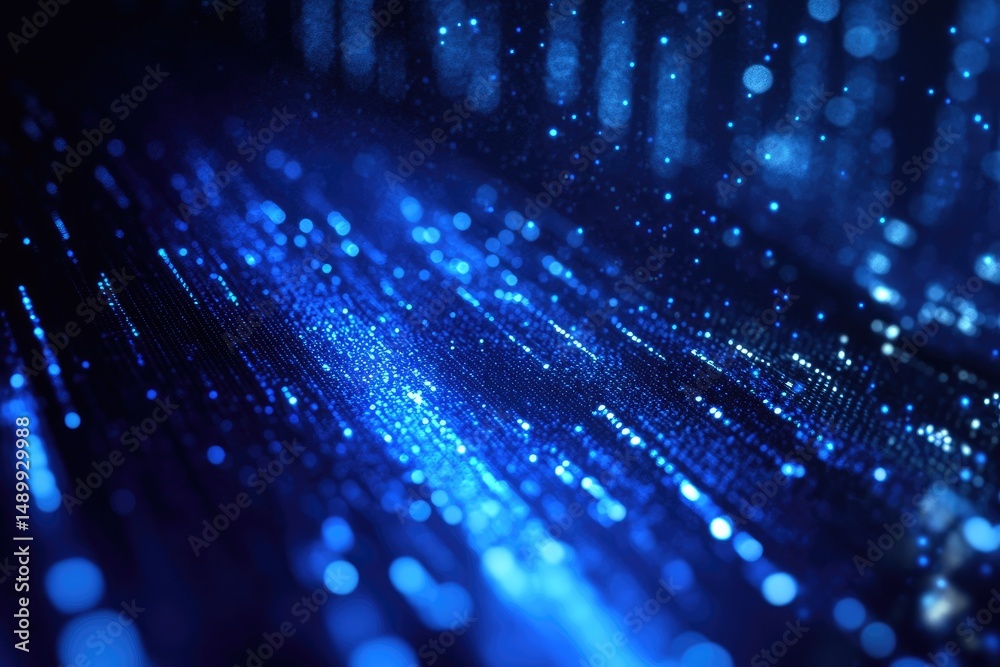 Fototapeta premium Abstract digital network, glowing blue particles flowing across dark background