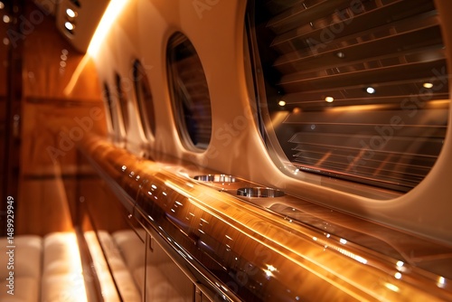 Luxury Private Jet Interior: Exploring the Opulent Design and Exquisite Craftsmanship of a First-Class Cabin, Showcasing the High-End Features and Comfort with Ambient Lighting
