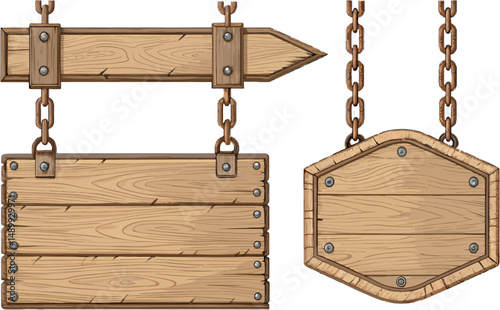 Three wooden signs with a rustic look, hanging from chains or mounted.