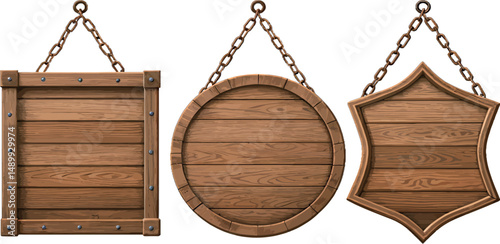 Three distinct wooden signboards with chains, perfect for rustic-themed designs.