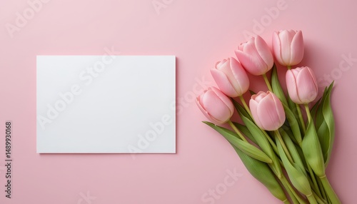 Pink Tulips and Blank Card on Pastel Background