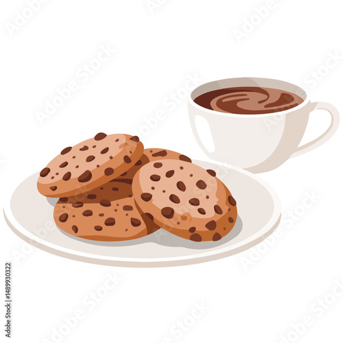 Oatmeal cookies with hot beverage snack isolated vector illustration on white background