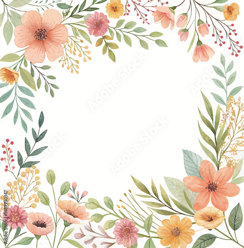 A vibrant floral border featuring watercolor flowers and greenery.