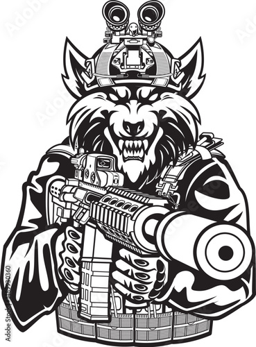wolf in military gear and uniform holding assault rifle
