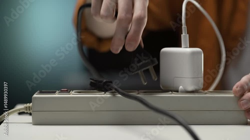 Close-up of Man plugging power plug for laptop charging. Electrical plug turn on in outlet socket