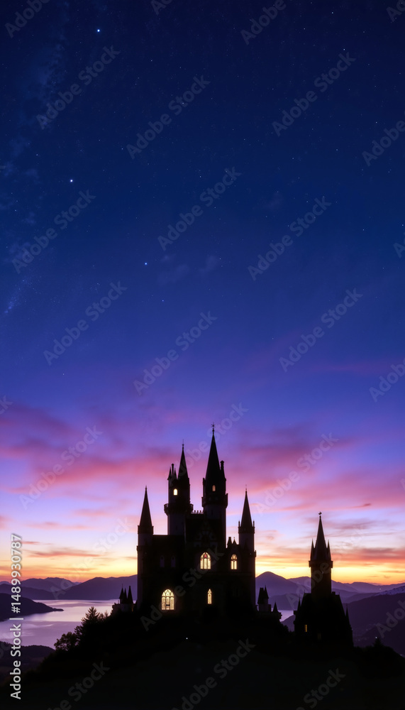 Obraz premium Gothic castle silhouette at sunset with starry sky 