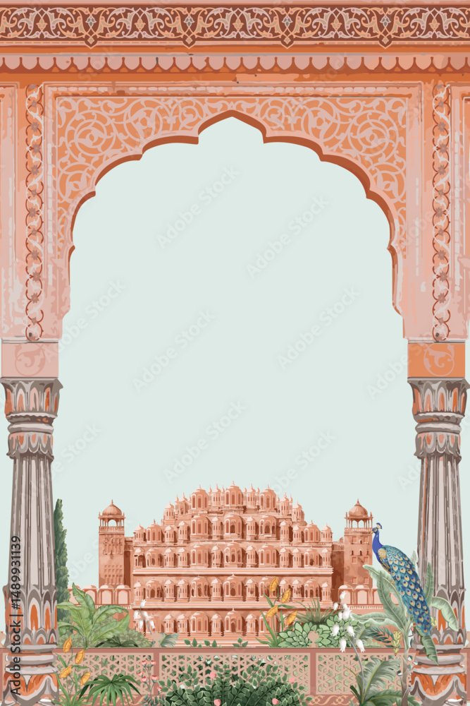 custom made wallpaper toronto digitalJaipur palace Hawa Mahal, garden, temple, arch with column, tropical plant, peacock floral decorative frame
