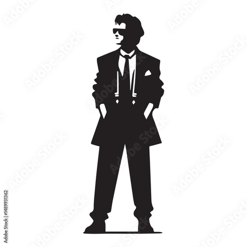 Silhouette of a man dressed in 1990s fashion on white background.