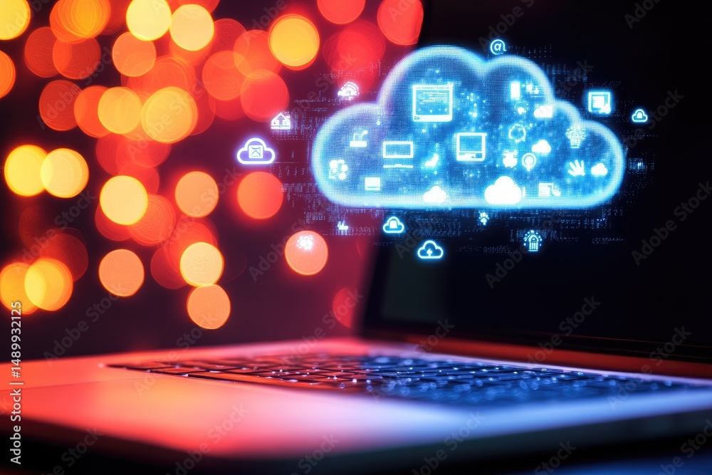 Fototapeta premium Laptop with glowing cloud computing graphic overlay